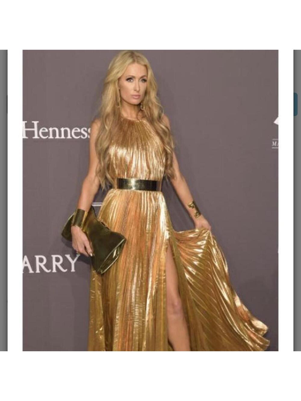Maria Lucia Hohan Metallic Rose Gold Pleated Maxi Dress Worn By Paris Hilton